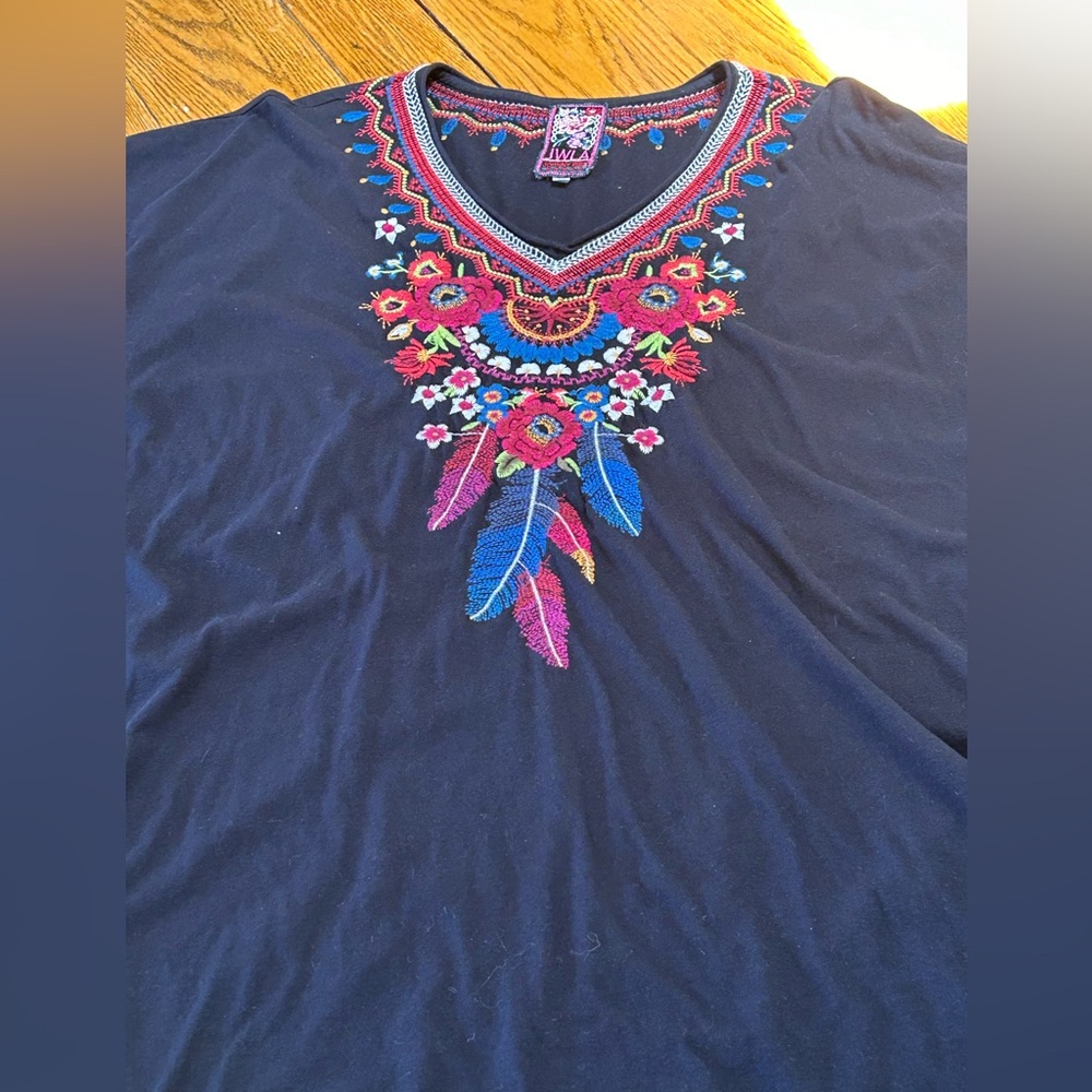 Johnny Was Los Angeles black top with embroidery on front.  Size Medium.